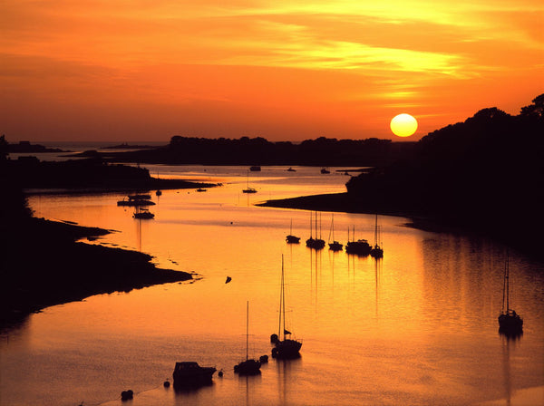 Silhouette of boats and buoys in a river, Aber Wrac'h, Abers Coast, Finistere, Brittany, France