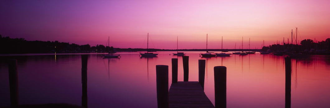 Silhouette of boats in a lake at sunset, Lake Macatawa, Holland, Ottawa County, Michigan, USA