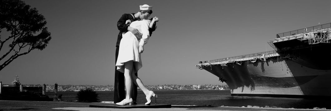 The Kiss between a sailor and a nurse sculpture, Unconditional Surrender, San Diego Aircraft Carrier Museum, San Diego, California, USA