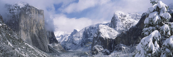 Mountains and waterfall in snow, Tunnel View, El Capitan, Half Dome, Bridal Veil, Yosemite National Park, California, USA