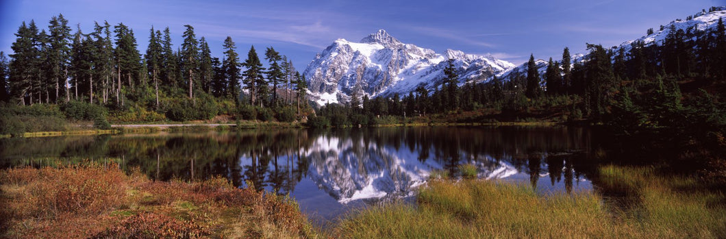 Reflection of mountains in a lake, Mt Shuksan, Picture Lake, North Cascades National Park, Washington State, USA