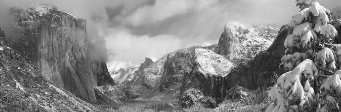 Mountains and waterfall in snow, Tunnel View, El Capitan, Half Dome, Bridal Veil, Yosemite National Park, California, USA
