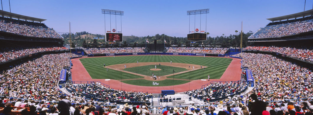 High angle view of spectators watching a baseball match, Dodgers vs. Angels, Dodger Stadium, City of Los Angeles, California, USA