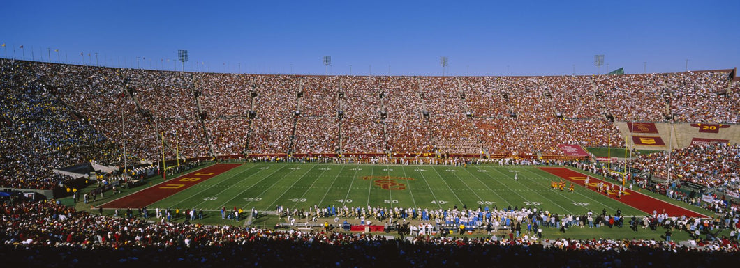 High angle view of a football stadium full of spectators, Los Angeles Memorial Coliseum, City of Los Angeles, California, USA