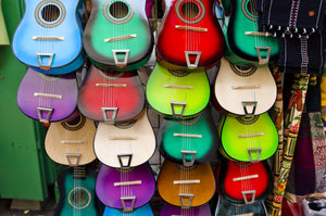 Colorful guitars at a market stall, Olvera Street, Downtown Los Angeles, Los Angeles, California, USA