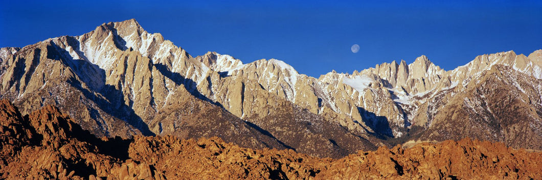 Rock formations on a mountain range, Moonset over Mt Whitney, Lone Pine, California, USA
