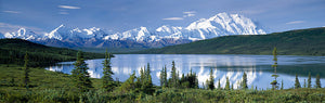 Snow covered mountain range at the lakeside, Mt McKinley, Wonder Lake, Denali National Park, Alaska, USA